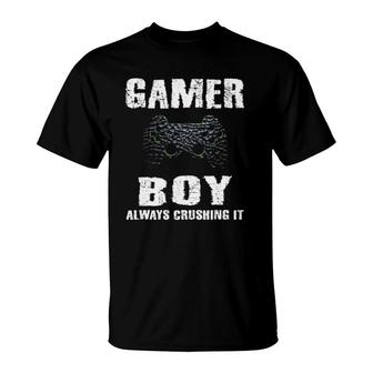 Gamer Boy Crushing It Gamer Boys Kids Video Games Teenager T-Shirt | Mazezy