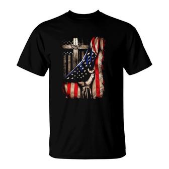 God Jesus Christ Proud Usa Flag Cross Behind American T-Shirt | Mazezy