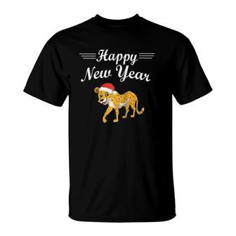 Happy New Year Cute Cheetah Santa Hat Funny Pajama Gift Raglan Baseball Tee T-Shirt | Mazezy