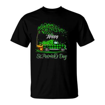 Happy St Patrick's Day Green Truck Buffalo Plaid Shamrock T-Shirt | Mazezy