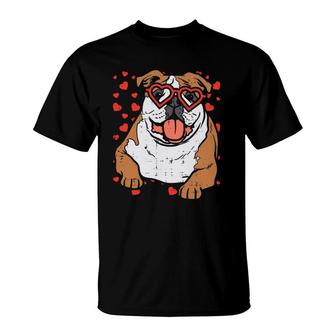 Heart Glasses English Bulldog Cute Valentines Day Dog Gift T-Shirt | Mazezy