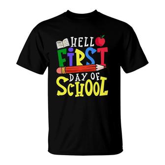 Hello First Day Of School Teacher Student Apple Pencil Book T-Shirt | Mazezy