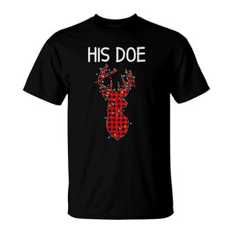 Her Buck His Doe Plaid Christmas Couple Matching Pajama Sets T-Shirt | Mazezy