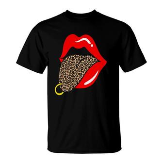 Hot Red Lips Leopard Tongue Golden Piercing Trendy Animal T-Shirt | Mazezy