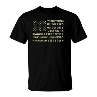 Husband Daddy Grandpa Protector Hero Veteran Usa Flag T-Shirt | Mazezy