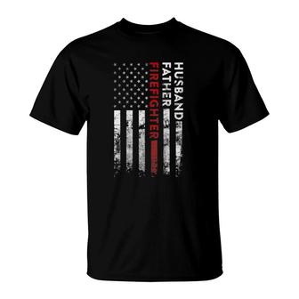 Husband Father Firefighter Thin Red Line American Flag T-Shirt | Mazezy