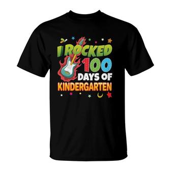 I Rocked 100 Days Of Kindergarten 100Th Day School Guitar T-Shirt | Mazezy