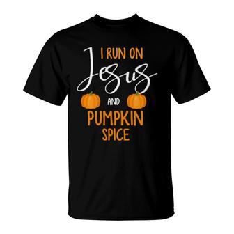 I Run On Jesus And Pumpkin Spice Or Turkey Trot T-Shirt | Mazezy