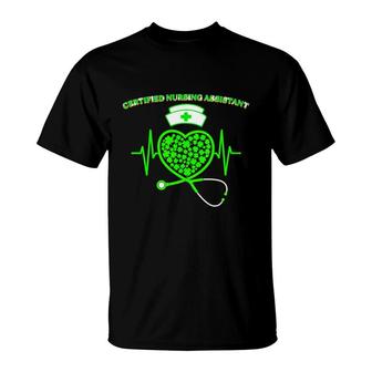 Irish Certified Nursing Assistant Shamrock Heart Stethoscope St Pattys Day Proud Nursing Job Title T-Shirt - Thegiftio UK