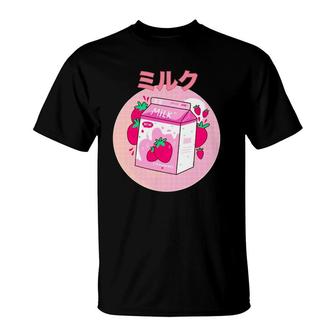 Japanese Kawaii Strawberry Retro 90S Milk Shake Carton Funny T-Shirt | Mazezy