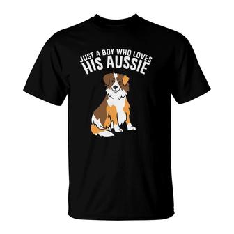 Just A Boy Who Loves His Aussie Dog Son Australian Shepherds T-Shirt | Mazezy