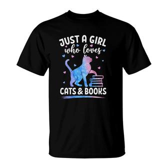 Just A Girl Who Loves Cats & Books Watercolor Cat Book Lover T-Shirt | Mazezy