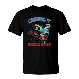 Kids 2 Crushing It Since 2020 Monster Truck 2Nd Birthday Gift Boy T-Shirt | Mazezy