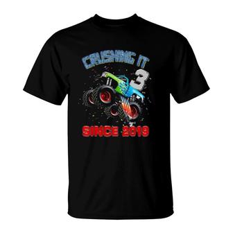Kids 3 Crushing It Since 2019 Monster Truck 3Rd Birthday Gift Boy T-Shirt | Mazezy