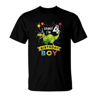 Kids 4 Year Old 4th Birthday Boy Dinosaur Party Cute T-Shirt - Seseable