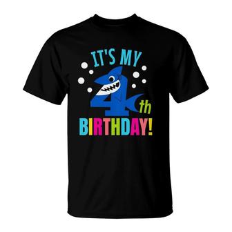 Kids 4 Years Old 4Th Shark Party Birthday Baby Gift Girls And Boys T-Shirt | Mazezy