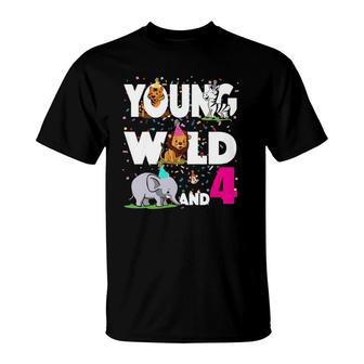 Kids 4 Years Old Birthday Girl Safari Zoo Jungle Young Wild & 4 T-Shirt | Mazezy
