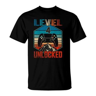 Kids 4Th Birthday Vintage Level 4 Unlocked Video Gamer T-Shirt - Seseable
