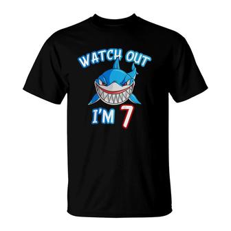 Kids 7 Yrs Old Boy Watch Out Shark 7Th Birthday Tee T-Shirt | Mazezy