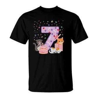 Kids 7Th Birthday Girl Cute Cat Outfit 7 Years Old Bday Party T-Shirt | Mazezy