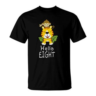 Kids 8 Year Old Birthday Monkey Tiger Print Costume Hello Eight T-Shirt | Mazezy CA