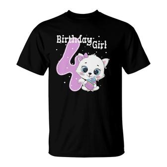 Kids Cat 4Th Birthday Girls Kitten Birthday Girl 4 Years T-Shirt | Mazezy