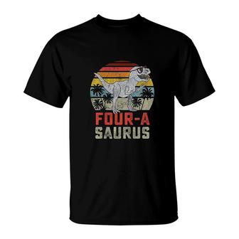 Kids Four A Saurus Birthday 4 Year Old Dino 4th Dinosaur Orange T-Shirt | Seseable UK