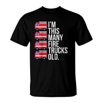 Kids I'm This Many Fire Trucks Old Four Years Old Birthday T-Shirt | Mazezy