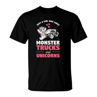 Kids Just A Girl Who Loves Monster Trucks And Unicorns T-Shirt | Mazezy