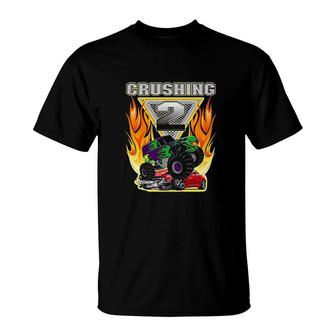 Kids Monster Truck Crushing Being 2 Two Years Old 2nd Birthday T-Shirt - Seseable