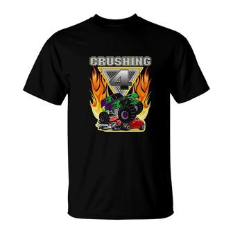 Kids Monster Truck Crushing Being 4 Four Years Old 4th Birthday T-Shirt - Seseable
