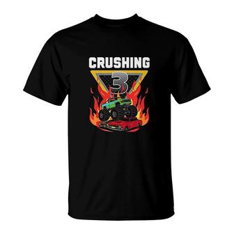 Kids Monster Truck Crushing I Am 3 Your Monster Truck 3th Birthday T-Shirt - Seseable