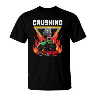 Kids Monster Truck Crushing I'm 4 Your Monster Truck 4Th Birthday T-Shirt | Mazezy
