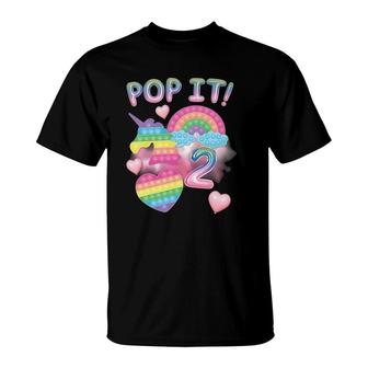 Kids Pop It 2Nd Birthday Girls 2 Years Old Unicorn Rainbow Fidget T-Shirt | Mazezy