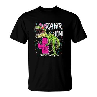 Kids Rawr Im 4 4th Birthday Dinosaur Pink Girls Dinosaur Gift T-Shirt - Seseable