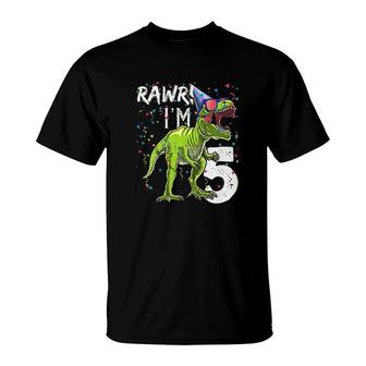 Kids Rawr Im 5 5th Birthday Dinosaur Party Gift For Boys T-Shirt - Seseable