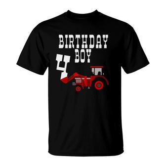 Kids Red Farm Tractor Birthday Boy 4 Years Old Party Four T-Shirt | Mazezy