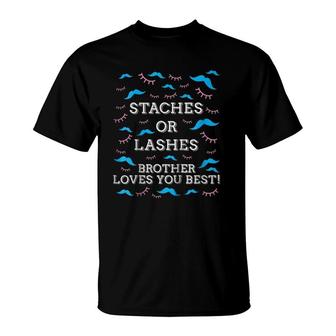 Kids Staches Or Lashes Gender Reveal Brother Loves You Best T-Shirt | Mazezy