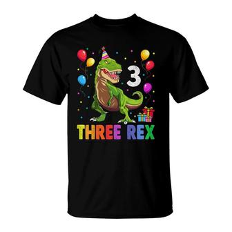 Kids Three Rex 3Rd Birthday Third Dinosaur 3 Year Old T-Shirt - Seseable