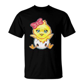 Kids Yellow Baby Chick With Pink Bow Girls T-Shirt | Mazezy