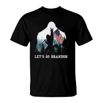 Let's Go Brandon Camping Bigfoot Rock And Roll American Flag T-Shirt | Mazezy CA