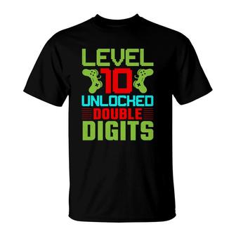 Level 10 Unlocked Double Digits Gamers 10Th Birthday 10 Years Old T-Shirt - Seseable