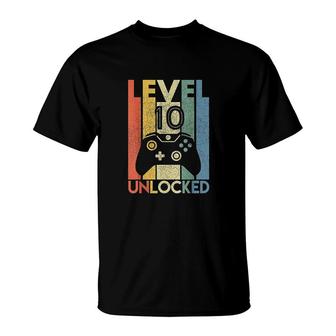 Level 10 Unlocked Funny Video Gamer 10th Birthday Gift T-Shirt - Seseable