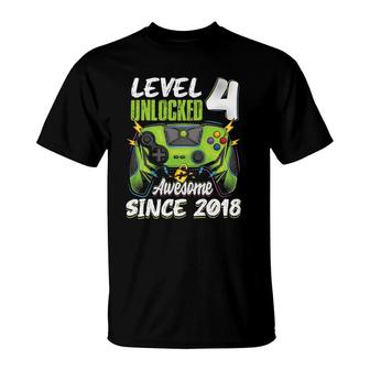 Level 4 Unlocked Awesome 2018 4Th Birthday Boy Video Games T-Shirt | Mazezy