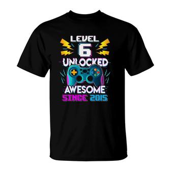 Level 6 Unlocked Awesome Since 2015 6Th Birthday Gamer Boy T-Shirt | Mazezy