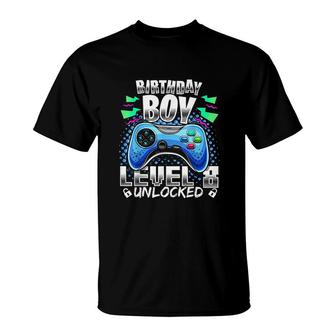 Level 8 Unlocked Video Game 8th Birthday Gamer Gift Boys Electronic T-Shirt - Seseable