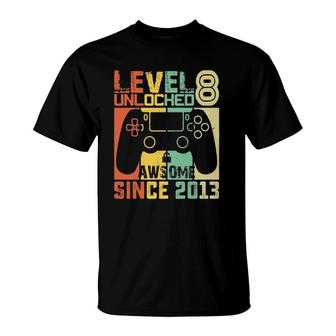 Level 8 Unlocked Video Gamer 8 Years Old Birthday Kids Gift T-Shirt | Mazezy