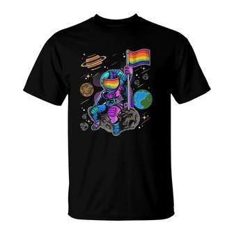 Lgbt Astronaut With Rainbow Pride Flag Sitting On The Moon Raglan Baseball Tee T-Shirt | Mazezy