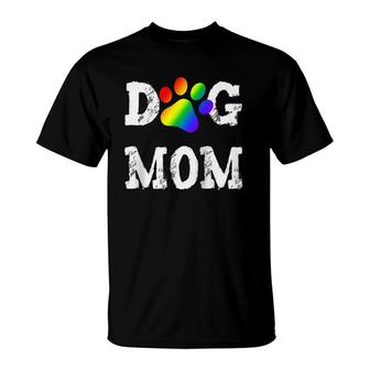 Lgbt Dog Mom Lesbian Gay Pride Rainbow Paw Print Mother Raglan Baseball Tee T-Shirt | Mazezy