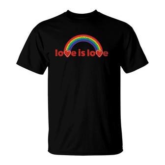 Lgbt Retro-Style Love Is Love Rainbow & Hearts Gay Pride T-Shirt | Mazezy